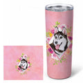 Siberian Husky #1 Pink Flowers Stainless Steel Skinny Tumbler 20 oz Vacuum Double Walled Reusable Insulated Travel Cup