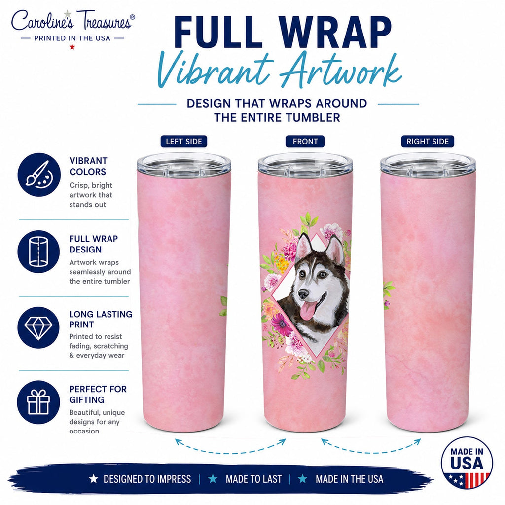 Siberian Husky #1 Pink Flowers Stainless Steel Skinny Tumbler 20 oz Vacuum Double Walled Reusable Insulated Travel Cup