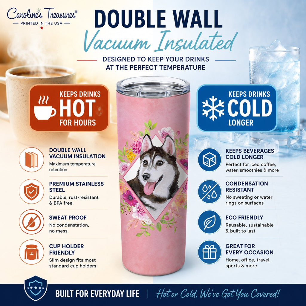 Siberian Husky #1 Pink Flowers Stainless Steel Skinny Tumbler 20 oz Vacuum Double Walled Reusable Insulated Travel Cup