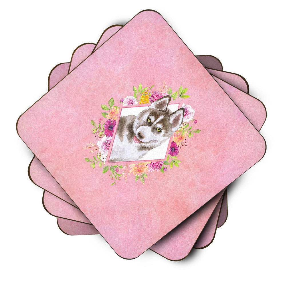 Siberian Husky #2 Pink Flowers Foam Coasters Set of 4 Cup Coasters for Indoor Outdoor, Tabletop Protection, Anti Slip, Mouse pad Material