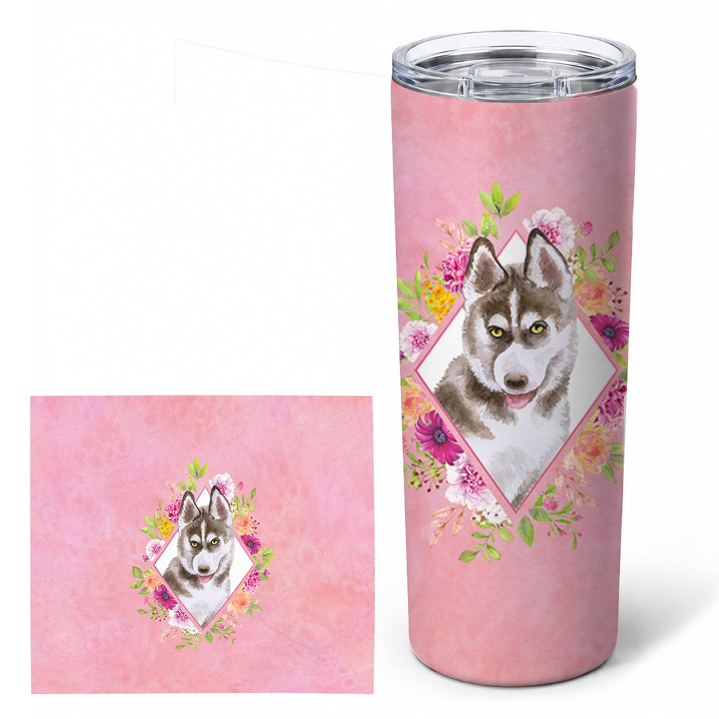 Siberian Husky #2 Pink Flowers Stainless Steel Skinny Tumbler 20 oz Vacuum Double Walled Reusable Insulated Travel Cup