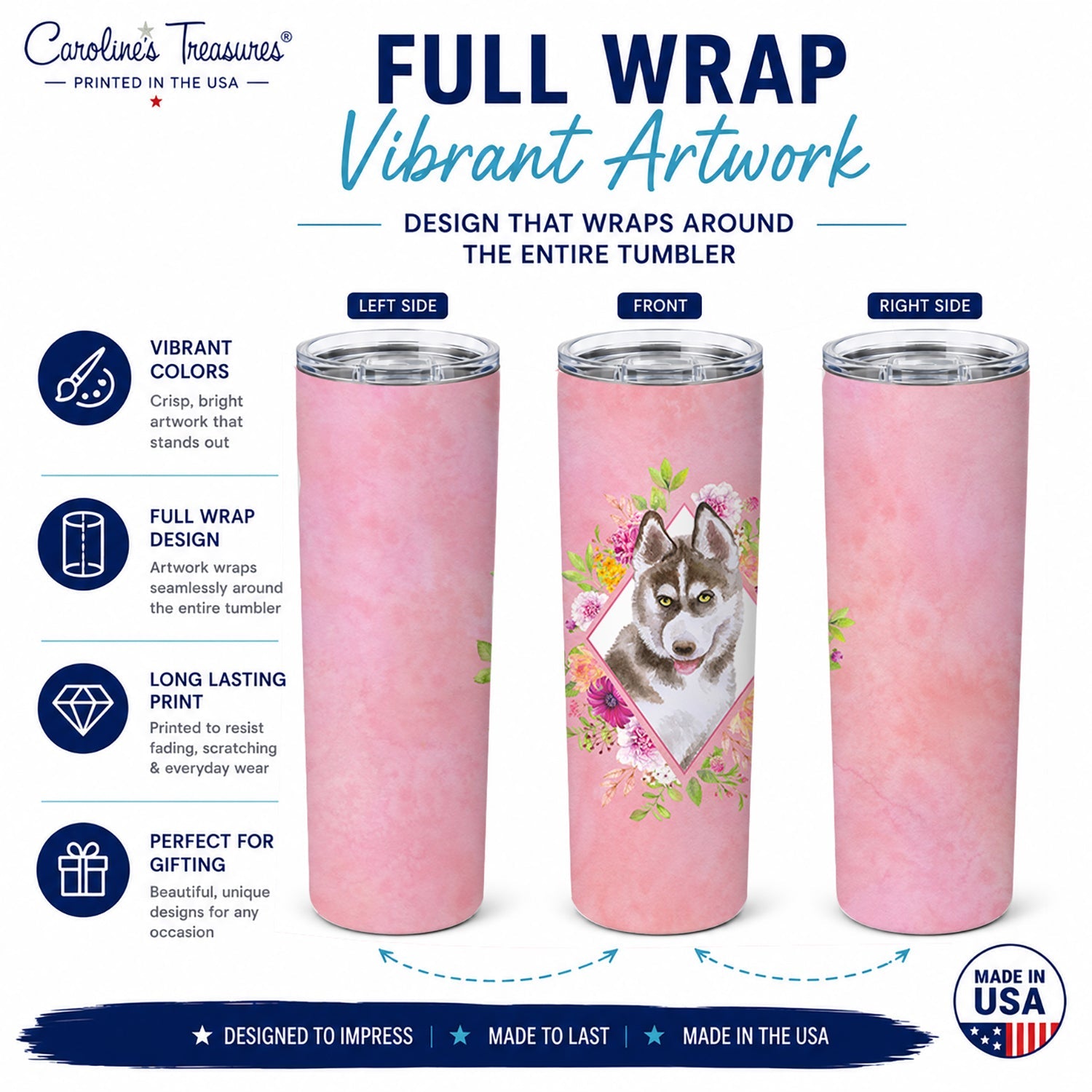 Siberian Husky #2 Pink Flowers Stainless Steel Skinny Tumbler 20 oz Vacuum Double Walled Reusable Insulated Travel Cup