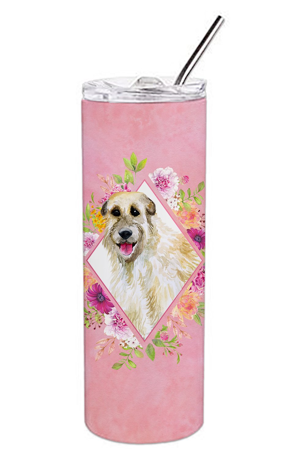 Irish Wolfhound Pink Flowers Stainless Steel Skinny Tumbler 20 oz Vacuum Double Walled Reusable Insulated Travel Cup