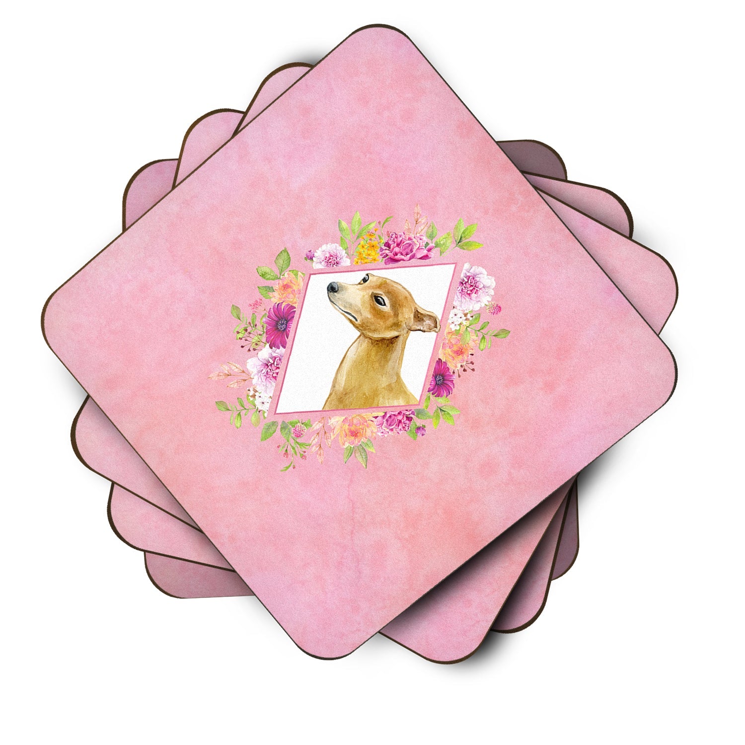 Italian Greyhound Pink Flowers Foam Coasters Set of 4 Cup Coasters for Indoor Outdoor, Tabletop Protection, Anti Slip, Mouse pad Material