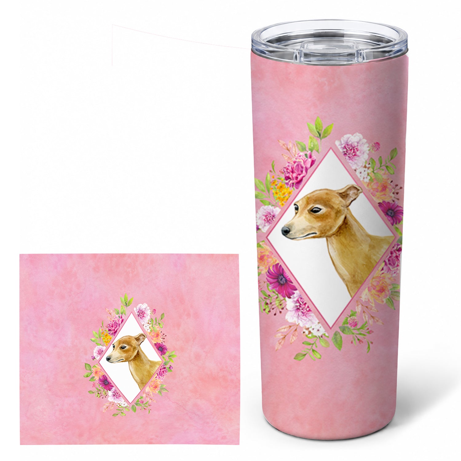 Italian Greyhound Pink Flowers Stainless Steel Skinny Tumbler 20 oz Vacuum Double Walled Reusable Insulated Travel Cup