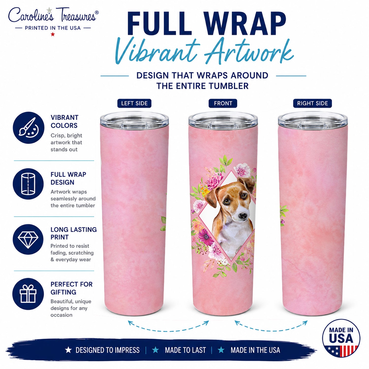 Jack Russell Terrier #1 Pink Flowers Stainless Steel Skinny Tumbler 20 oz Vacuum Double Walled Reusable Insulated Travel Cup
