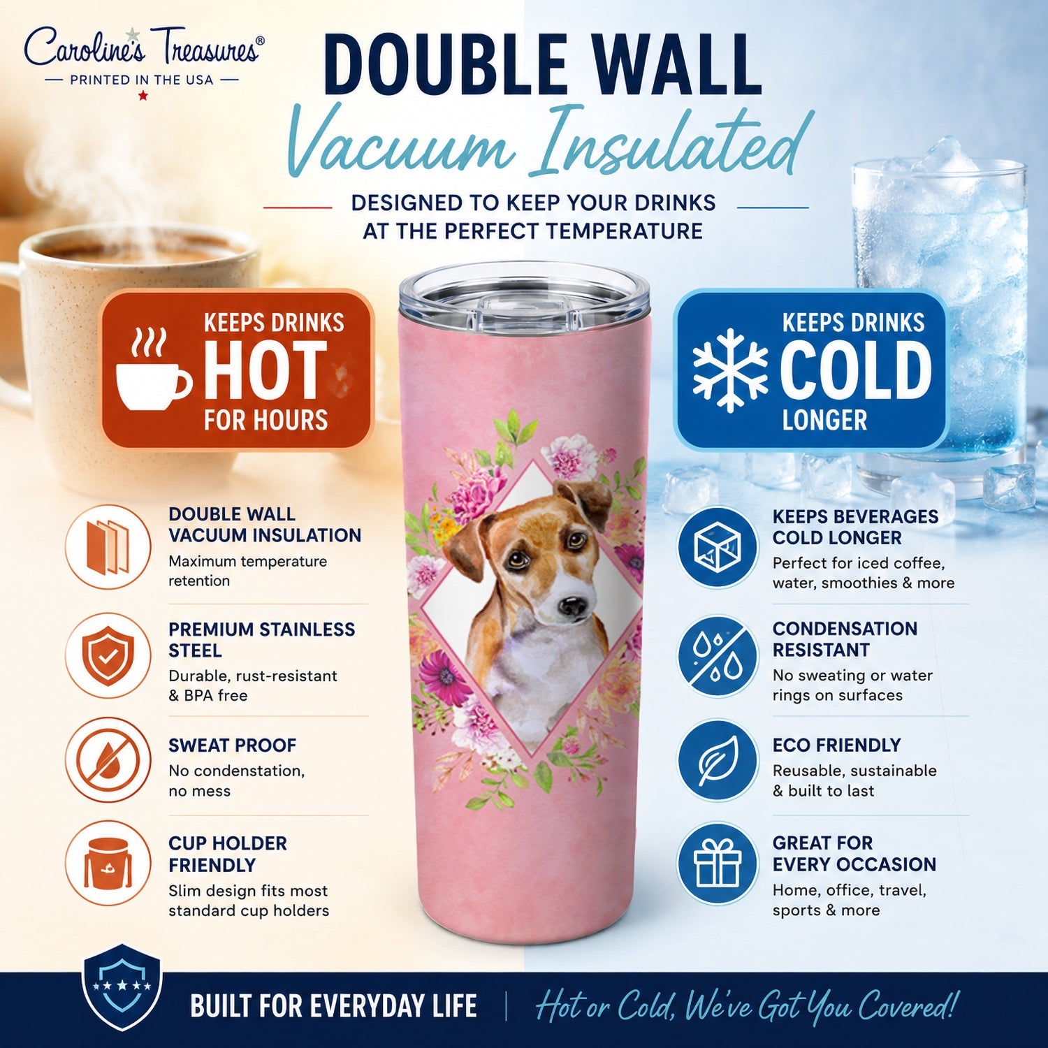 Jack Russell Terrier #1 Pink Flowers Stainless Steel Skinny Tumbler 20 oz Vacuum Double Walled Reusable Insulated Travel Cup