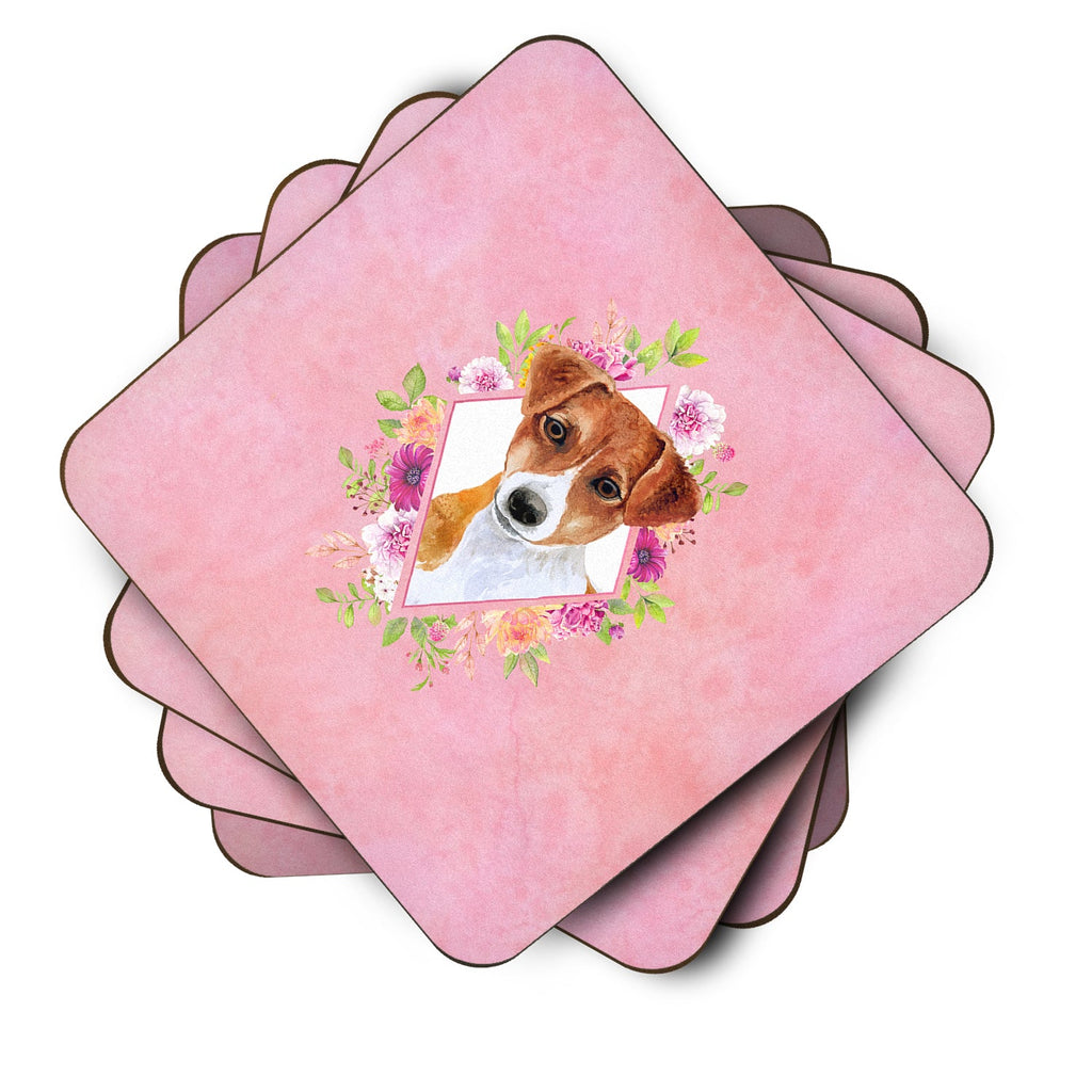 Jack Russell Terrier #2 Pink Flowers Foam Coasters Set of 4 Cup Coasters for Indoor Outdoor, Tabletop Protection, Anti Slip, Mouse pad Material