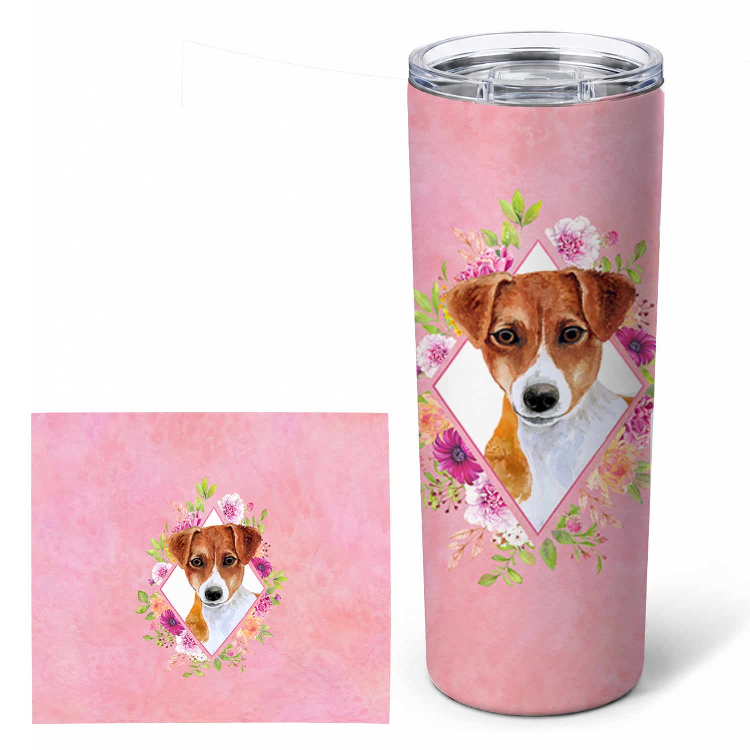 Jack Russell Terrier #2 Pink Flowers Stainless Steel Skinny Tumbler 20 oz Vacuum Double Walled Reusable Insulated Travel Cup