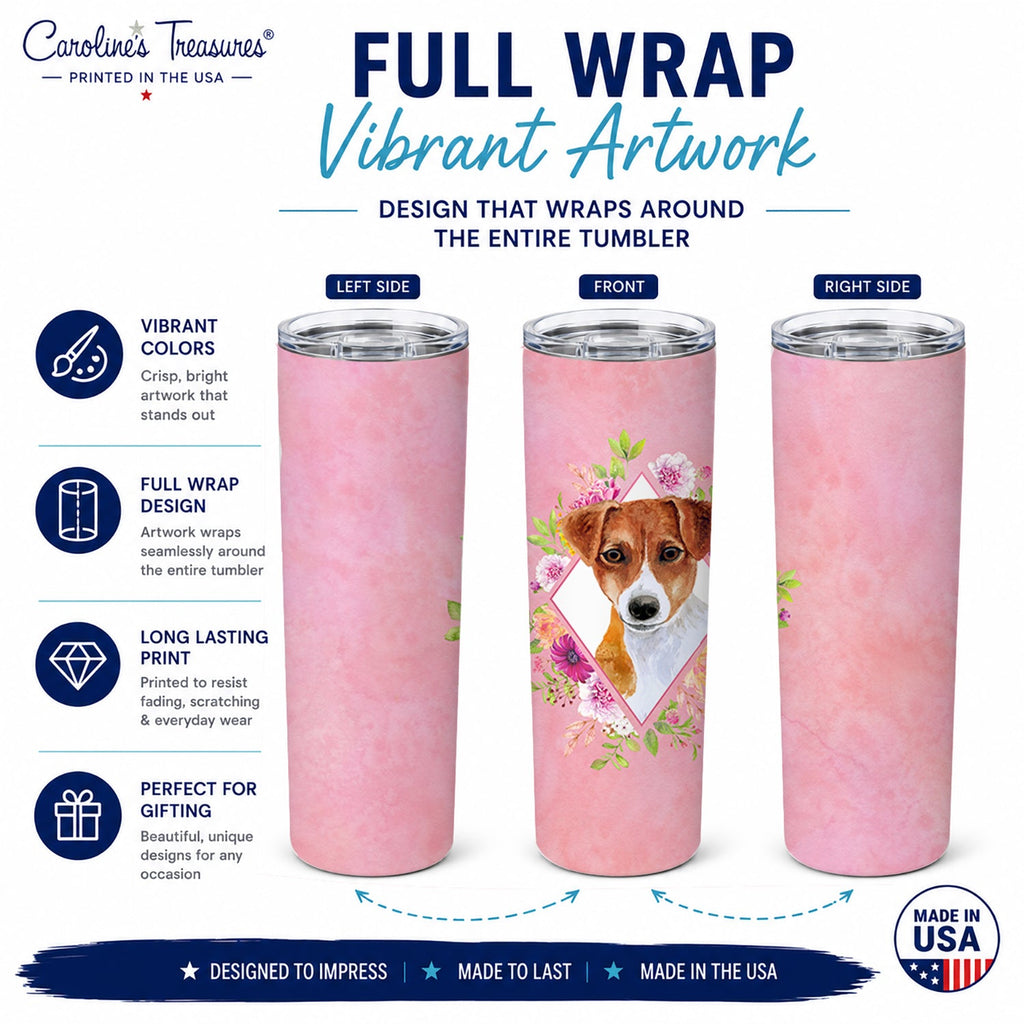Jack Russell Terrier #2 Pink Flowers Stainless Steel Skinny Tumbler 20 oz Vacuum Double Walled Reusable Insulated Travel Cup