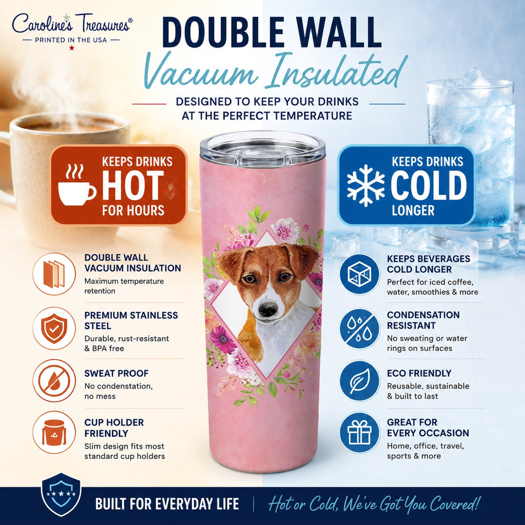Jack Russell Terrier #2 Pink Flowers Stainless Steel Skinny Tumbler 20 oz Vacuum Double Walled Reusable Insulated Travel Cup