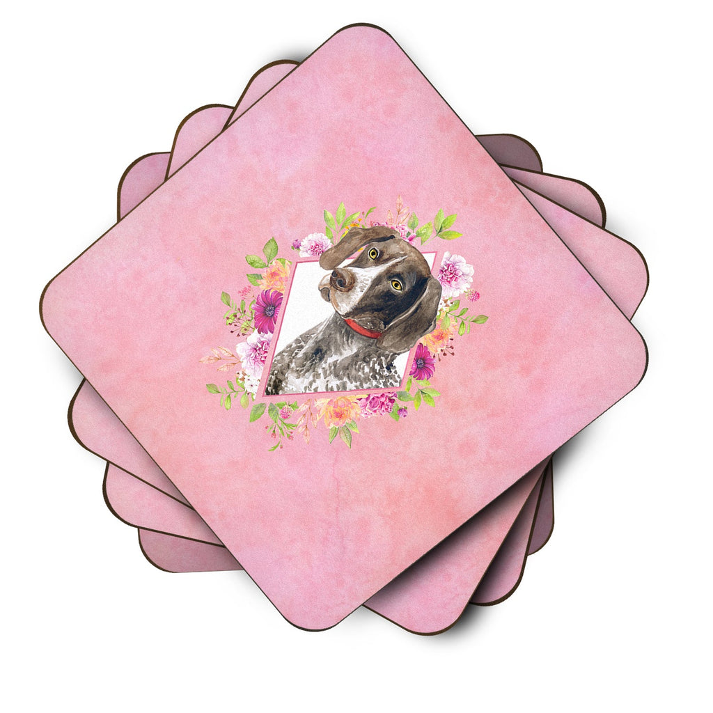 German Shorthaired Pointer Pink Flowers Foam Coasters Set of 4 Cup Coasters for Indoor Outdoor, Tabletop Protection, Anti Slip, Mouse pad Material