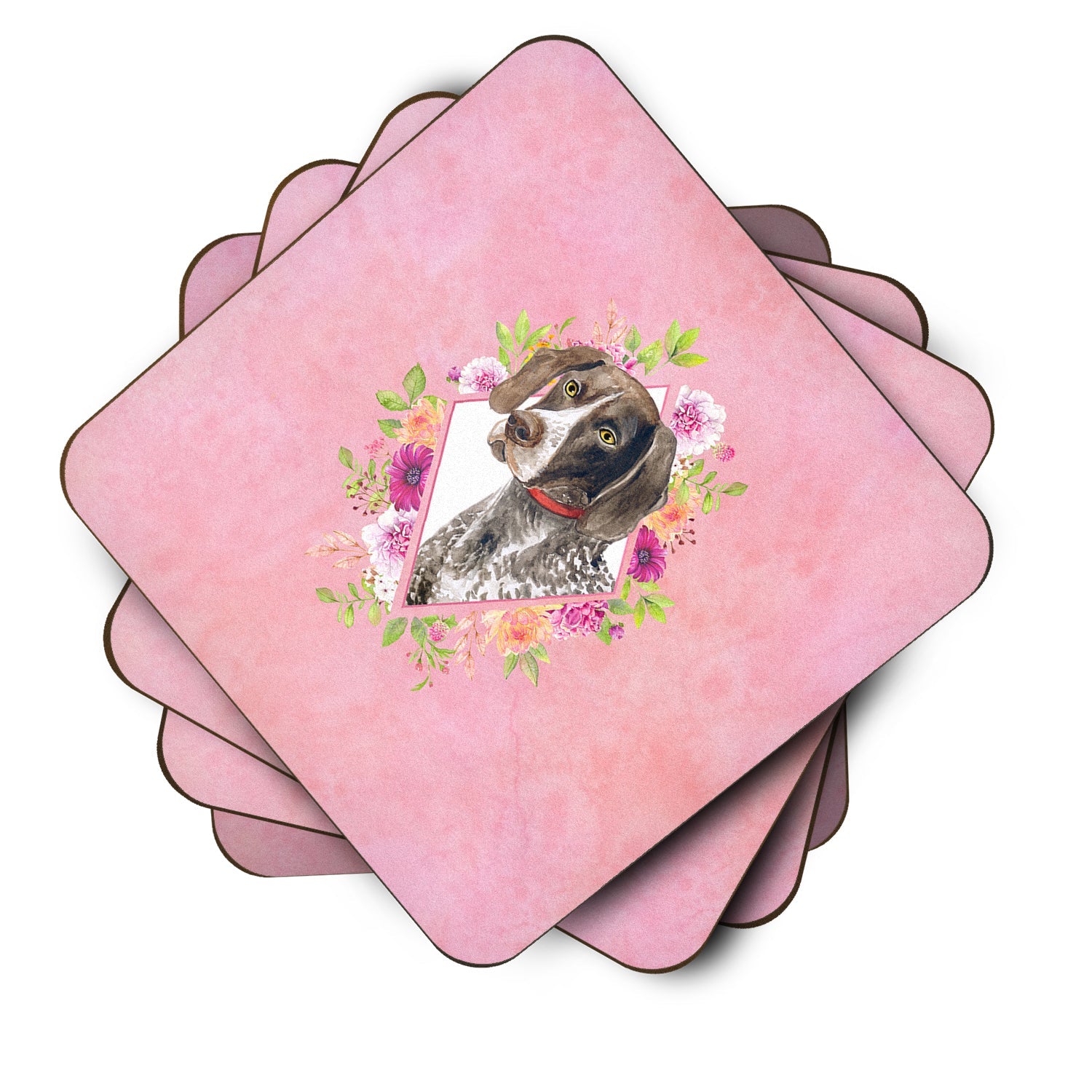 German Shorthaired Pointer Pink Flowers Foam Coasters Set of 4 Cup Coasters for Indoor Outdoor, Tabletop Protection, Anti Slip, Mouse pad Material