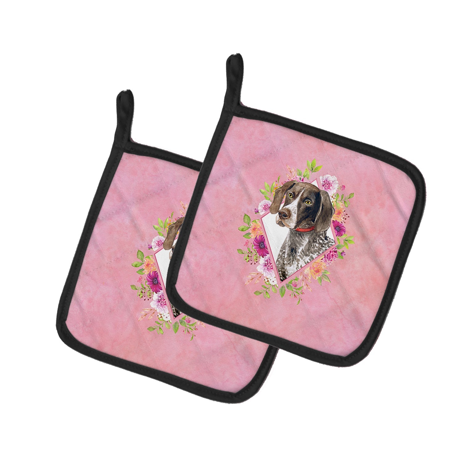 German Shorthaired Pointer Pink Flowers Pot Holder Set of 2 Heat Resistant Quilted Hot Pads 7.5 x 7.5 Inch, Insulated Kitchen Trivets for Cooking & Baking