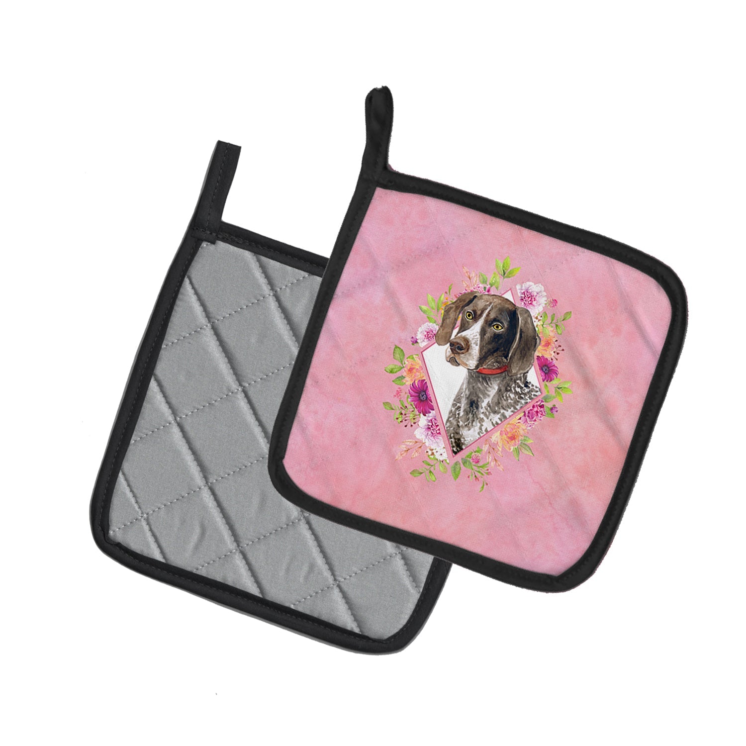 German Shorthaired Pointer Pink Flowers Pot Holder Set of 2 Heat Resistant Quilted Hot Pads 7.5 x 7.5 Inch, Insulated Kitchen Trivets for Cooking & Baking