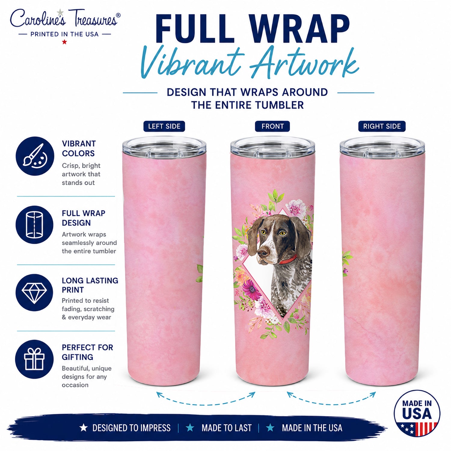 German Shorthaired Pointer Pink Flowers Stainless Steel Skinny Tumbler 20 oz Vacuum Double Walled Reusable Insulated Travel Cup