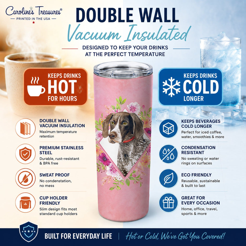 German Shorthaired Pointer Pink Flowers Stainless Steel Skinny Tumbler 20 oz Vacuum Double Walled Reusable Insulated Travel Cup