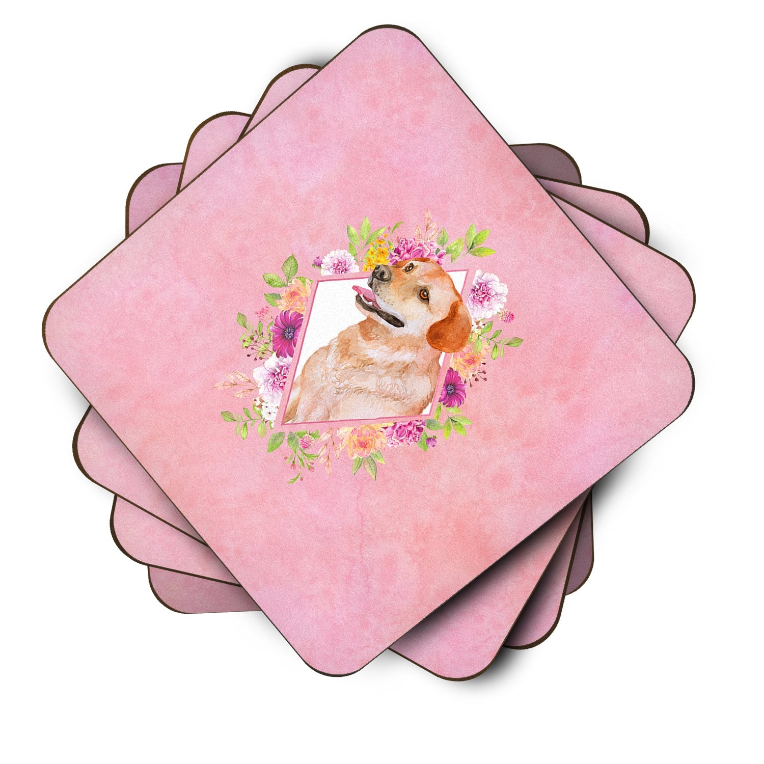 Yellow Labrador Retriever Pink Flowers Foam Coasters Set of 4 Cup Coasters for Indoor Outdoor, Tabletop Protection, Anti Slip, Mouse pad Material