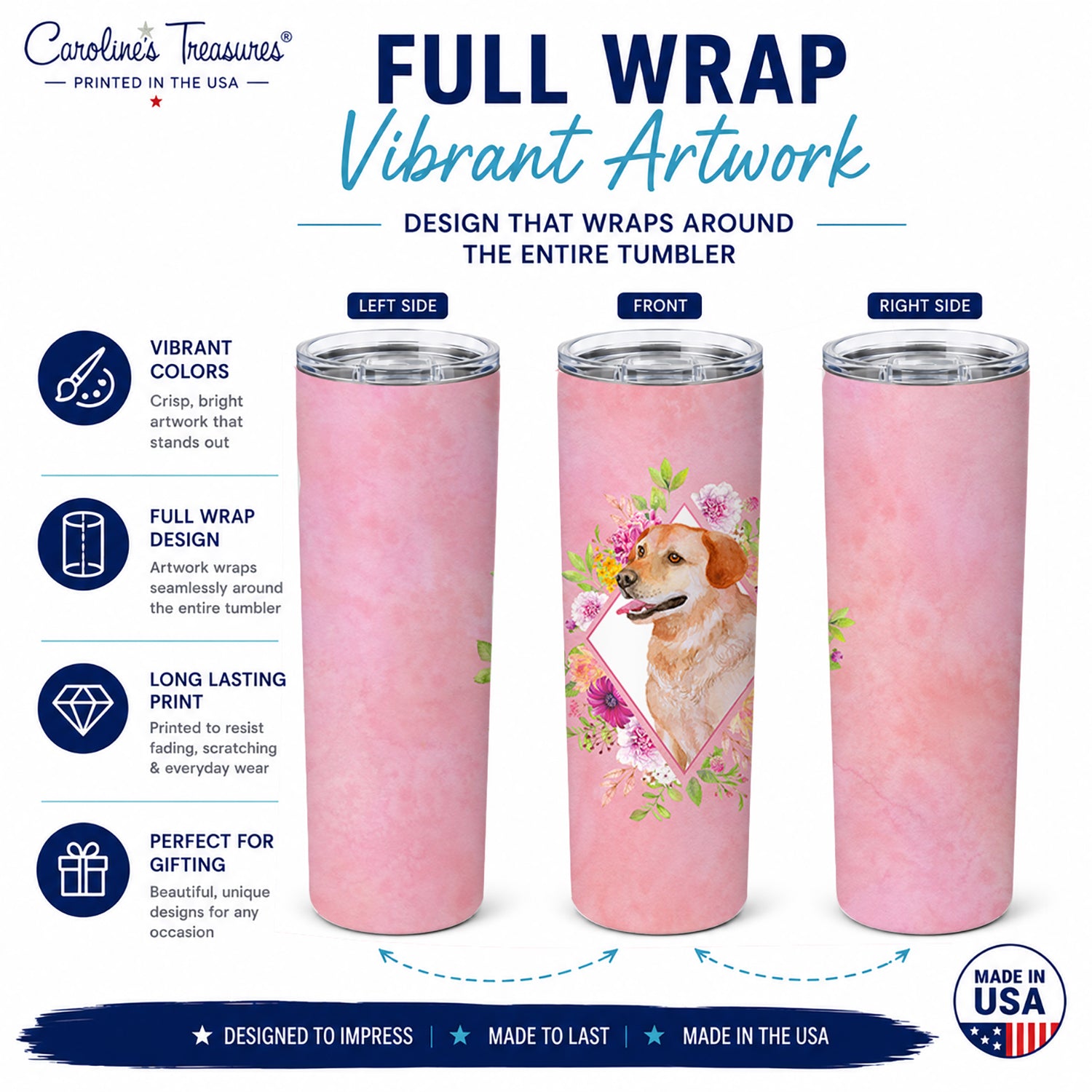 Yellow Labrador Retriever Pink Flowers Stainless Steel Skinny Tumbler 20 oz Vacuum Double Walled Reusable Insulated Travel Cup