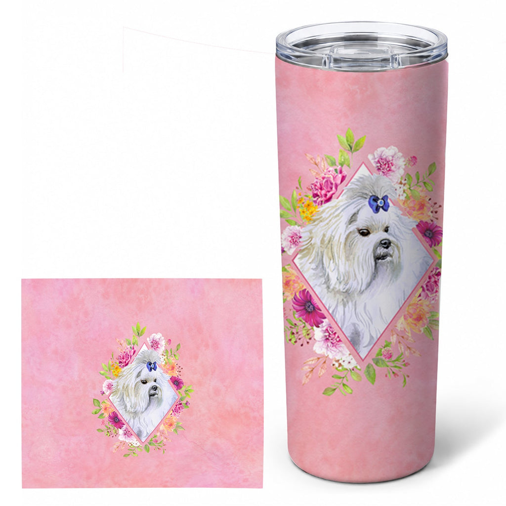 Maltese Pink Flowers Stainless Steel Skinny Tumbler 20 oz Vacuum Double Walled Reusable Insulated Travel Cup