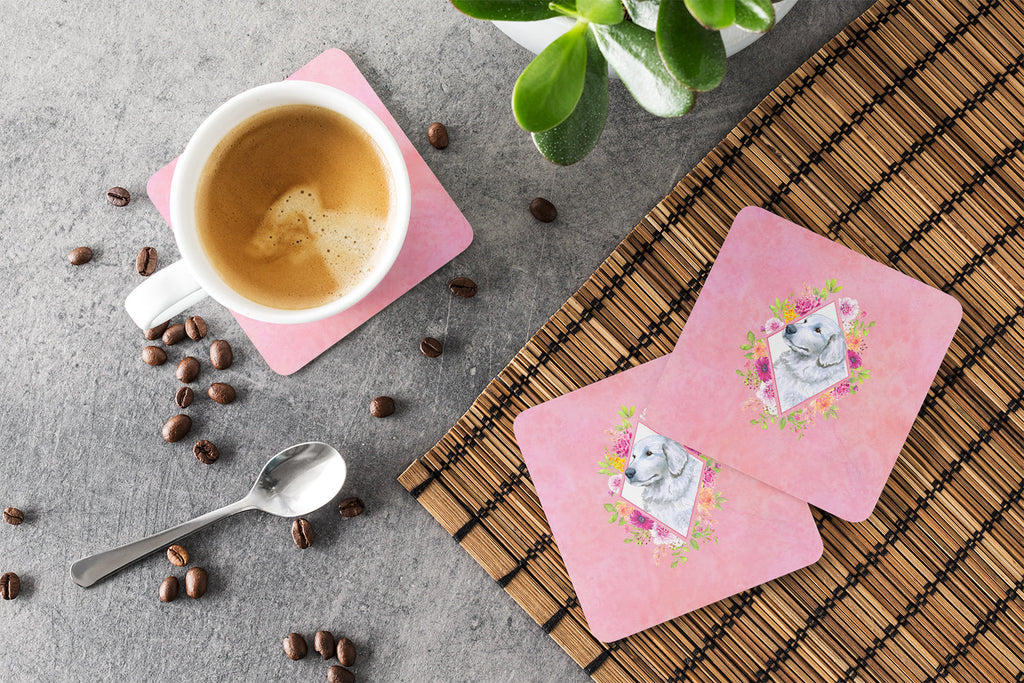 Great Pyrenees Pink Flowers Foam Coasters Set of 4 Cup Coasters for Indoor Outdoor, Tabletop Protection, Anti Slip, Mouse pad Material