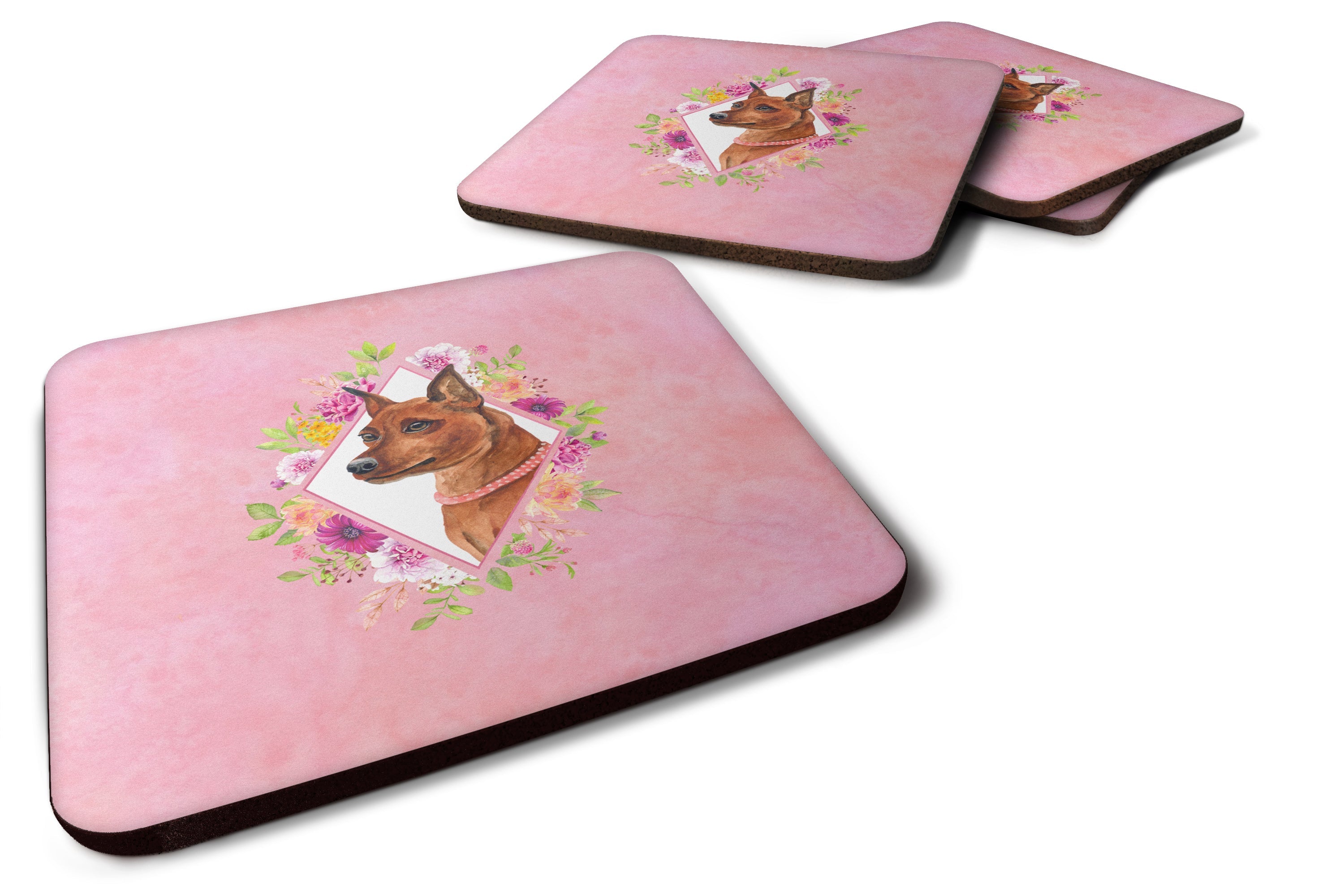 Miniature Pinscher Pink Flowers Foam Coasters Set of 4 Cup Coasters for Indoor Outdoor, Tabletop Protection, Anti Slip, Mouse pad Material