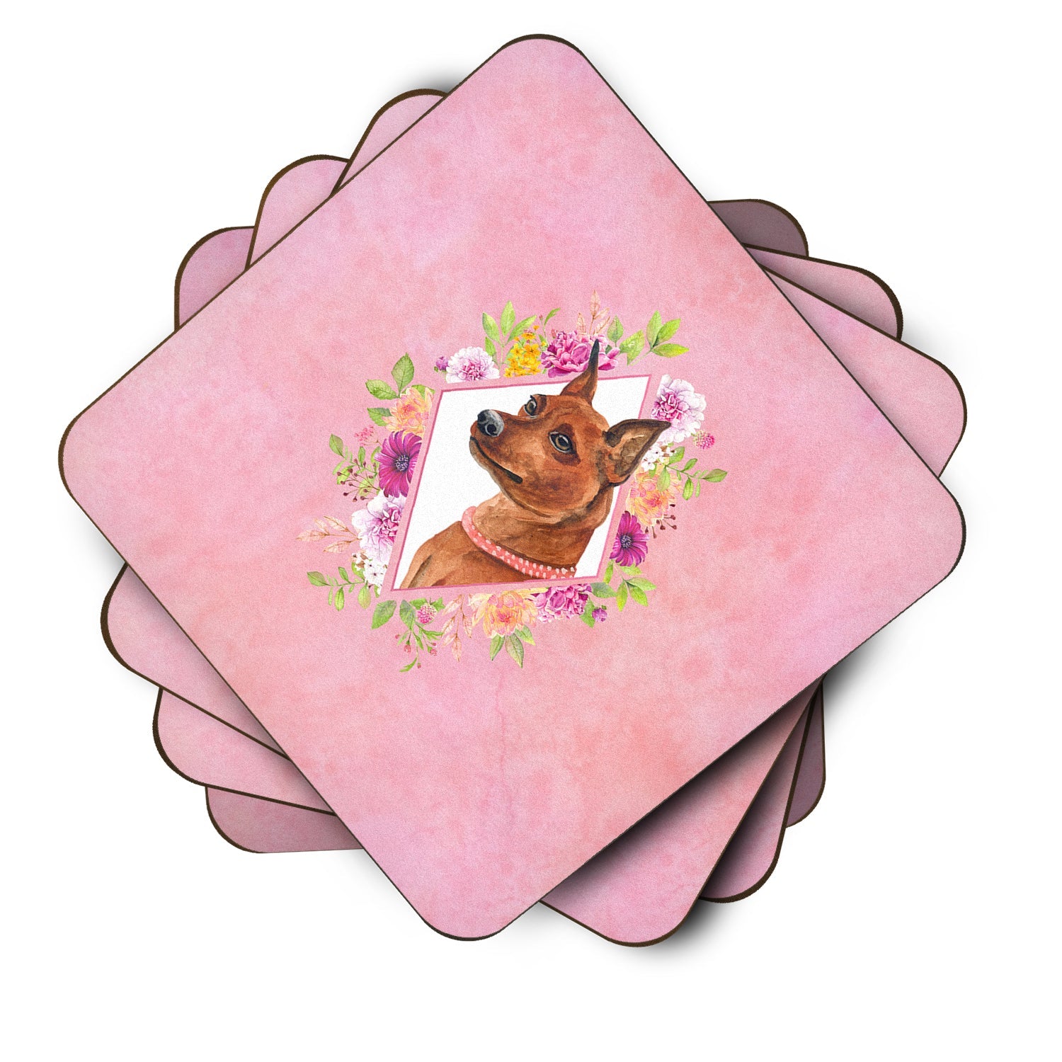 Miniature Pinscher Pink Flowers Foam Coasters Set of 4 Cup Coasters for Indoor Outdoor, Tabletop Protection, Anti Slip, Mouse pad Material