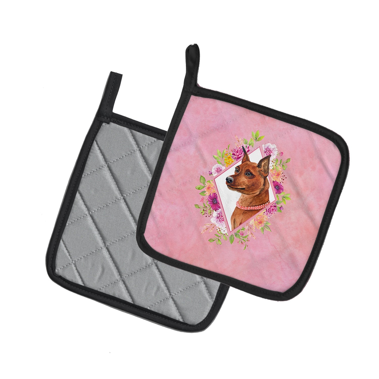 Miniature Pinscher Pink Flowers Pot Holder Set of 2 Heat Resistant Quilted Hot Pads 7.5 x 7.5 Inch, Insulated Kitchen Trivets for Cooking & Baking