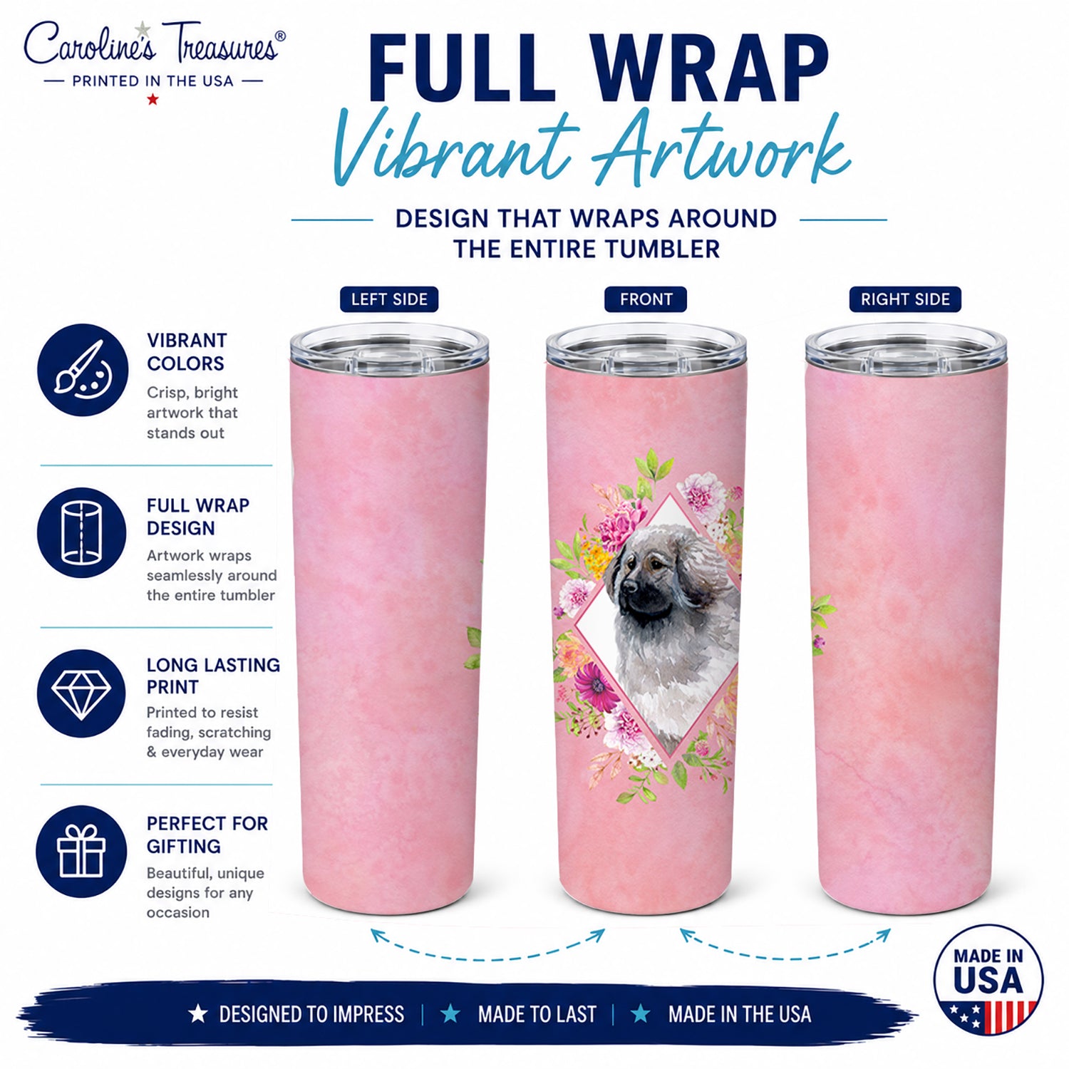 Moscow Watchdog Pink Flowers Stainless Steel Skinny Tumbler 20 oz Vacuum Double Walled Reusable Insulated Travel Cup