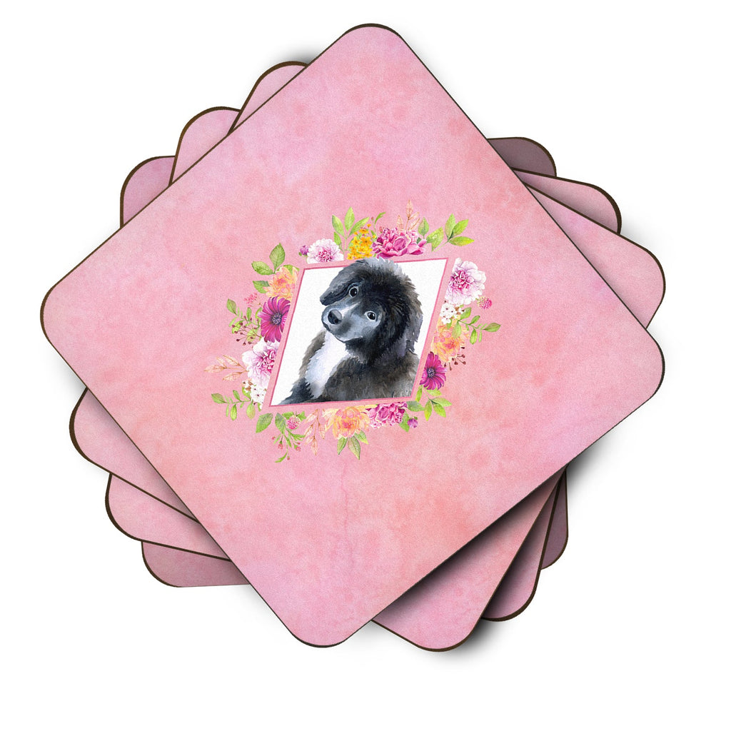 Newfoundland Puppy Pink Flowers Foam Coasters Set of 4 Cup Coasters for Indoor Outdoor, Tabletop Protection, Anti Slip, Mouse pad Material