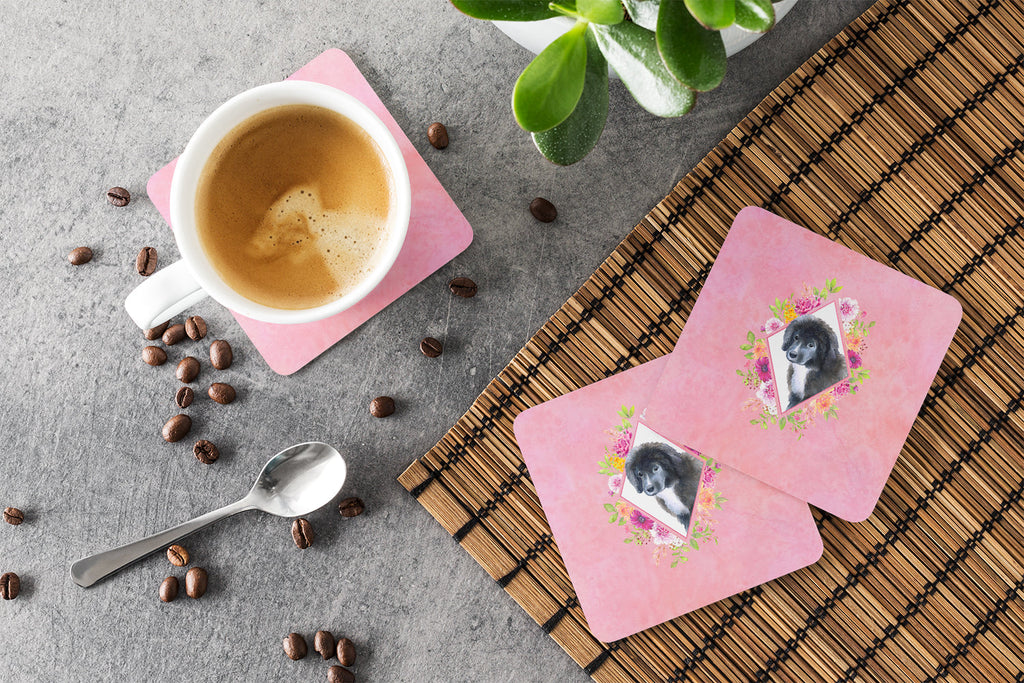 Newfoundland Puppy Pink Flowers Foam Coasters Set of 4 Cup Coasters for Indoor Outdoor, Tabletop Protection, Anti Slip, Mouse pad Material