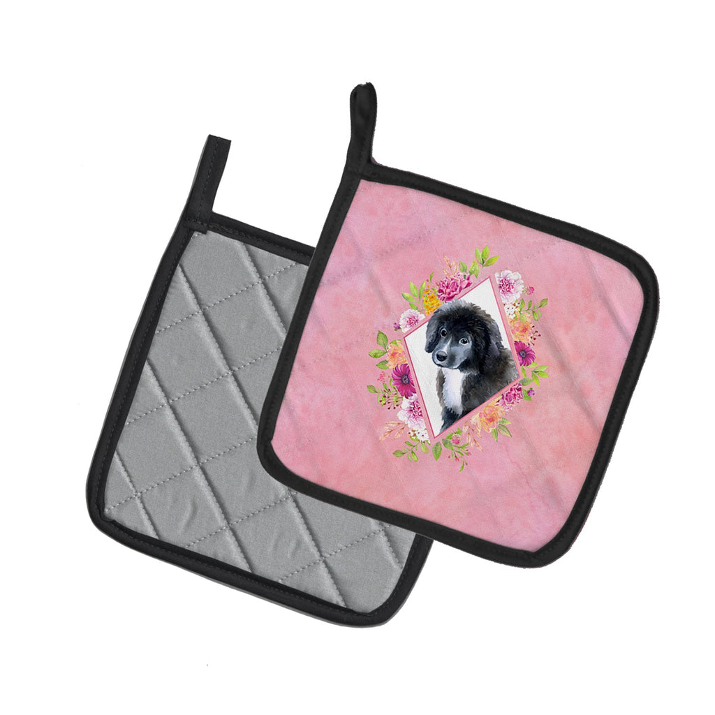 Newfoundland Puppy Pink Flowers Pot Holder Set of 2 Heat Resistant Quilted Hot Pads 7.5 x 7.5 Inch, Insulated Kitchen Trivets for Cooking & Baking