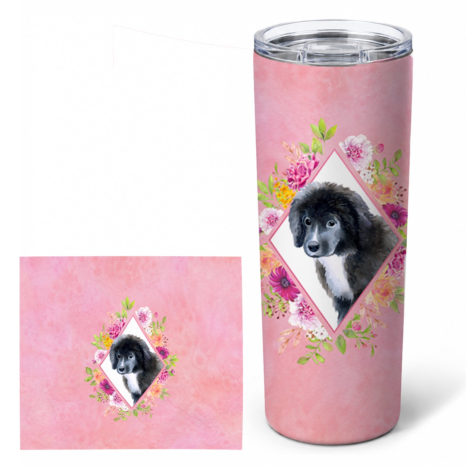Newfoundland Puppy Pink Flowers Stainless Steel Skinny Tumbler 20 oz Vacuum Double Walled Reusable Insulated Travel Cup