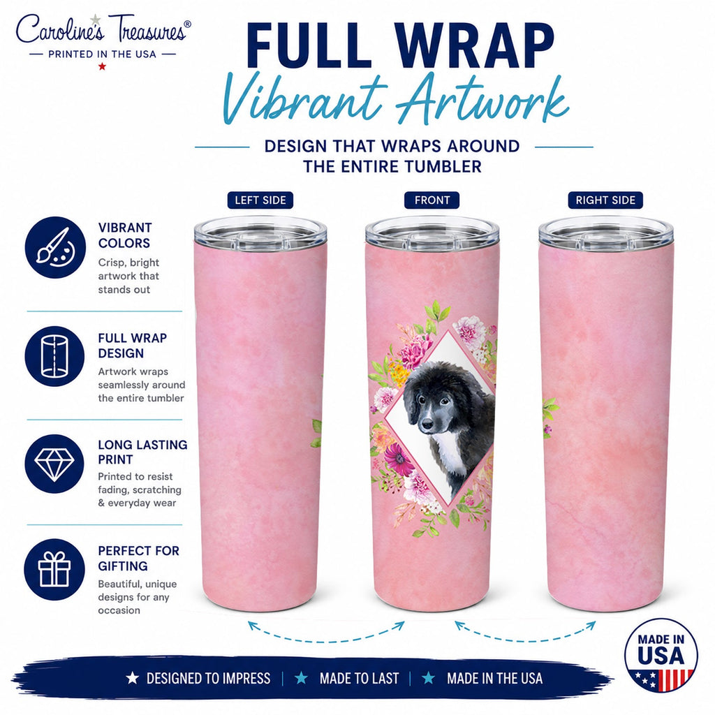 Newfoundland Puppy Pink Flowers Stainless Steel Skinny Tumbler 20 oz Vacuum Double Walled Reusable Insulated Travel Cup