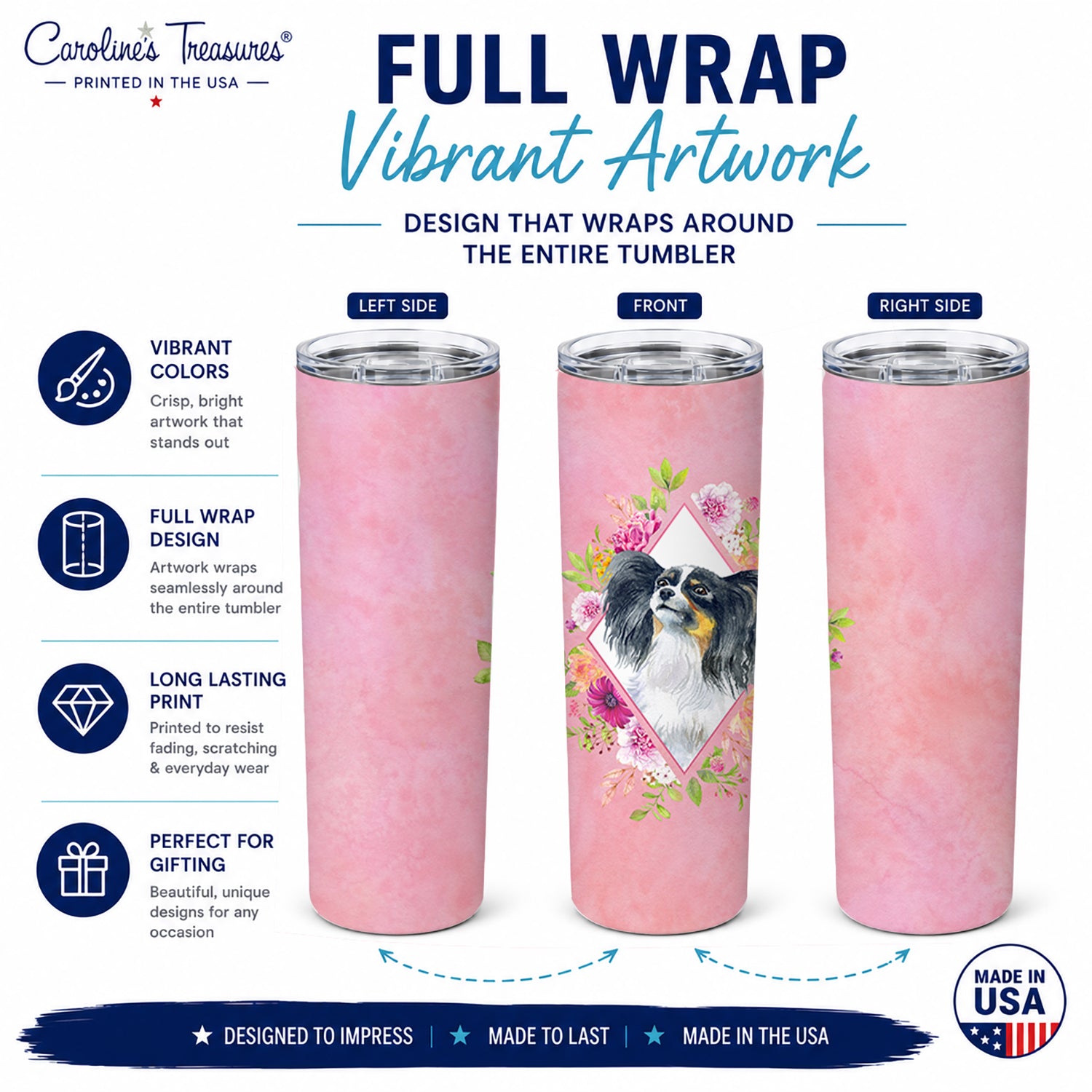 Papillon Pink Flowers Stainless Steel Skinny Tumbler 20 oz Vacuum Double Walled Reusable Insulated Travel Cup