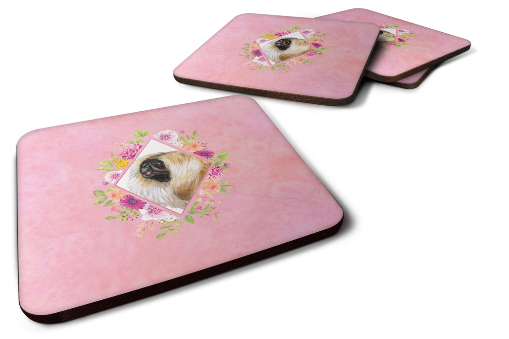 Pekingese Pink Flowers Foam Coasters Set of 4 Cup Coasters for Indoor Outdoor, Tabletop Protection, Anti Slip, Mouse pad Material