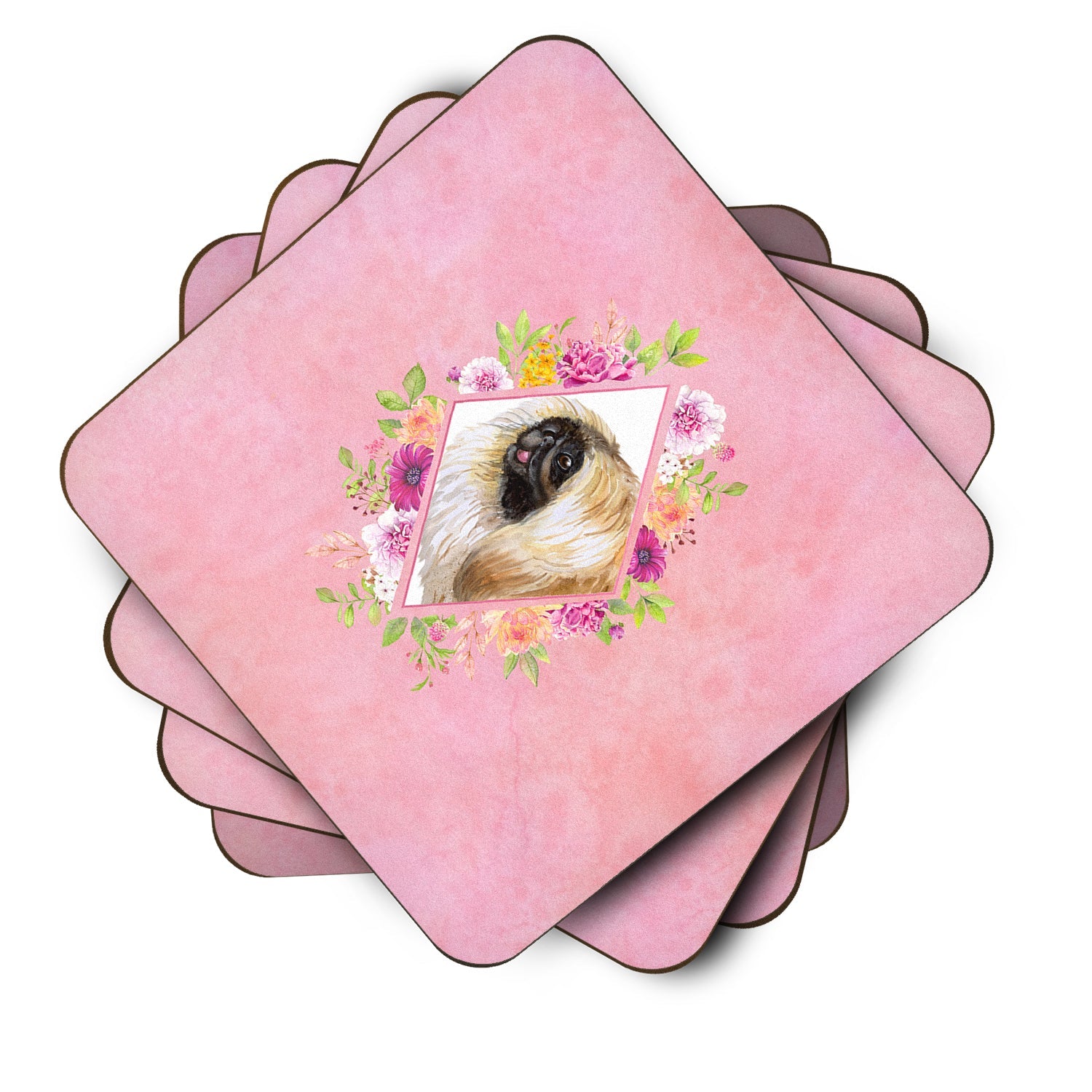 Pekingese Pink Flowers Foam Coasters Set of 4 Cup Coasters for Indoor Outdoor, Tabletop Protection, Anti Slip, Mouse pad Material
