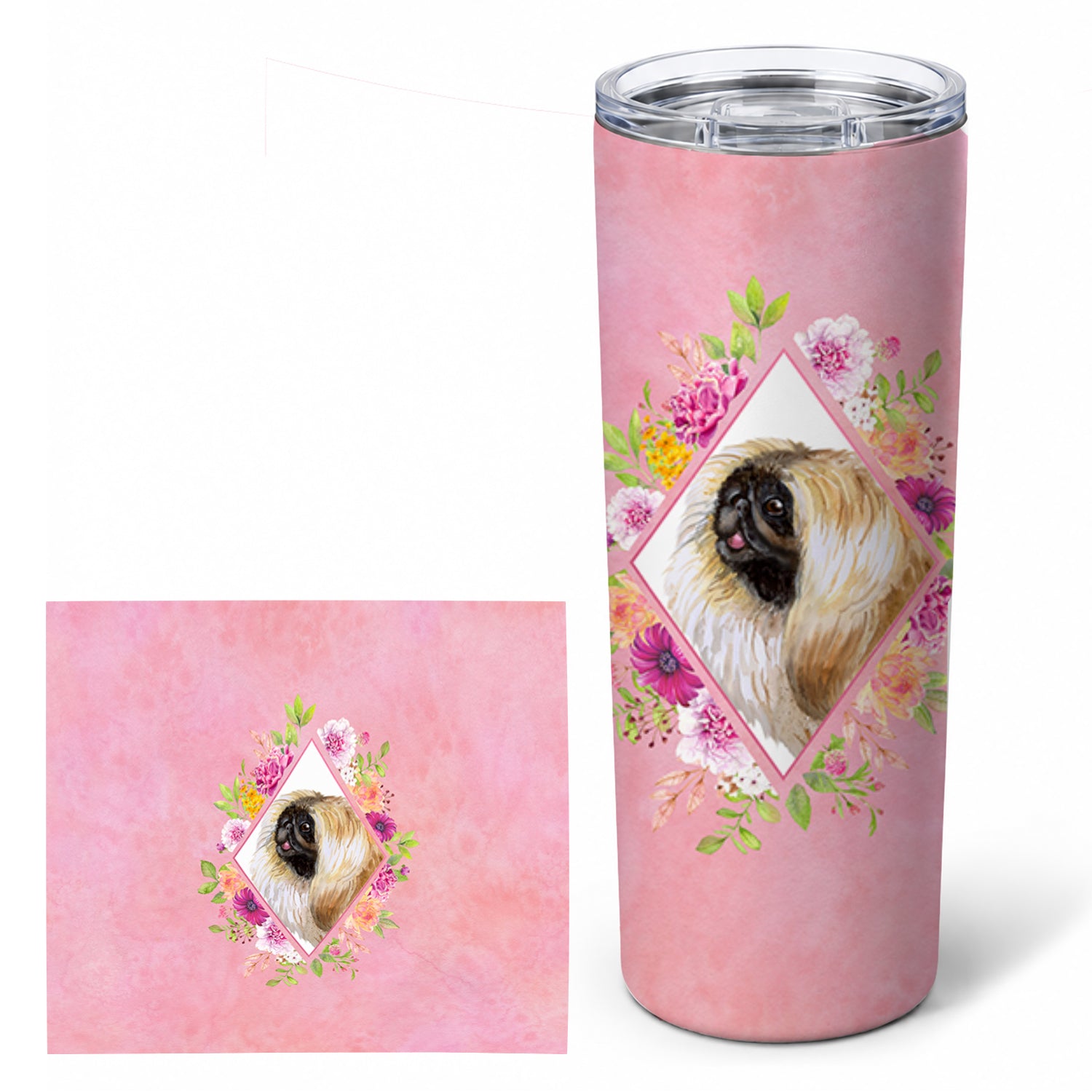 Pekingese Pink Flowers Stainless Steel Skinny Tumbler 20 oz Vacuum Double Walled Reusable Insulated Travel Cup