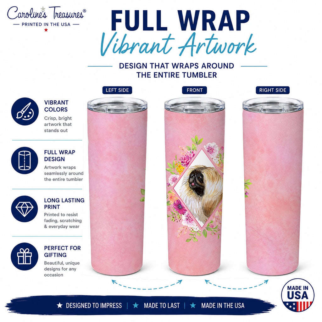 Pekingese Pink Flowers Stainless Steel Skinny Tumbler 20 oz Vacuum Double Walled Reusable Insulated Travel Cup