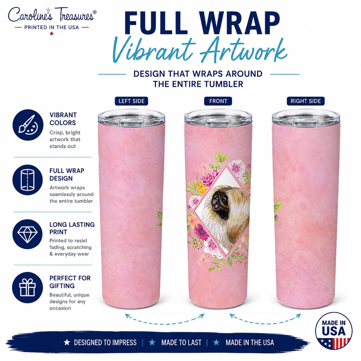 Pekingese Pink Flowers Stainless Steel Skinny Tumbler 20 oz Vacuum Double Walled Reusable Insulated Travel Cup