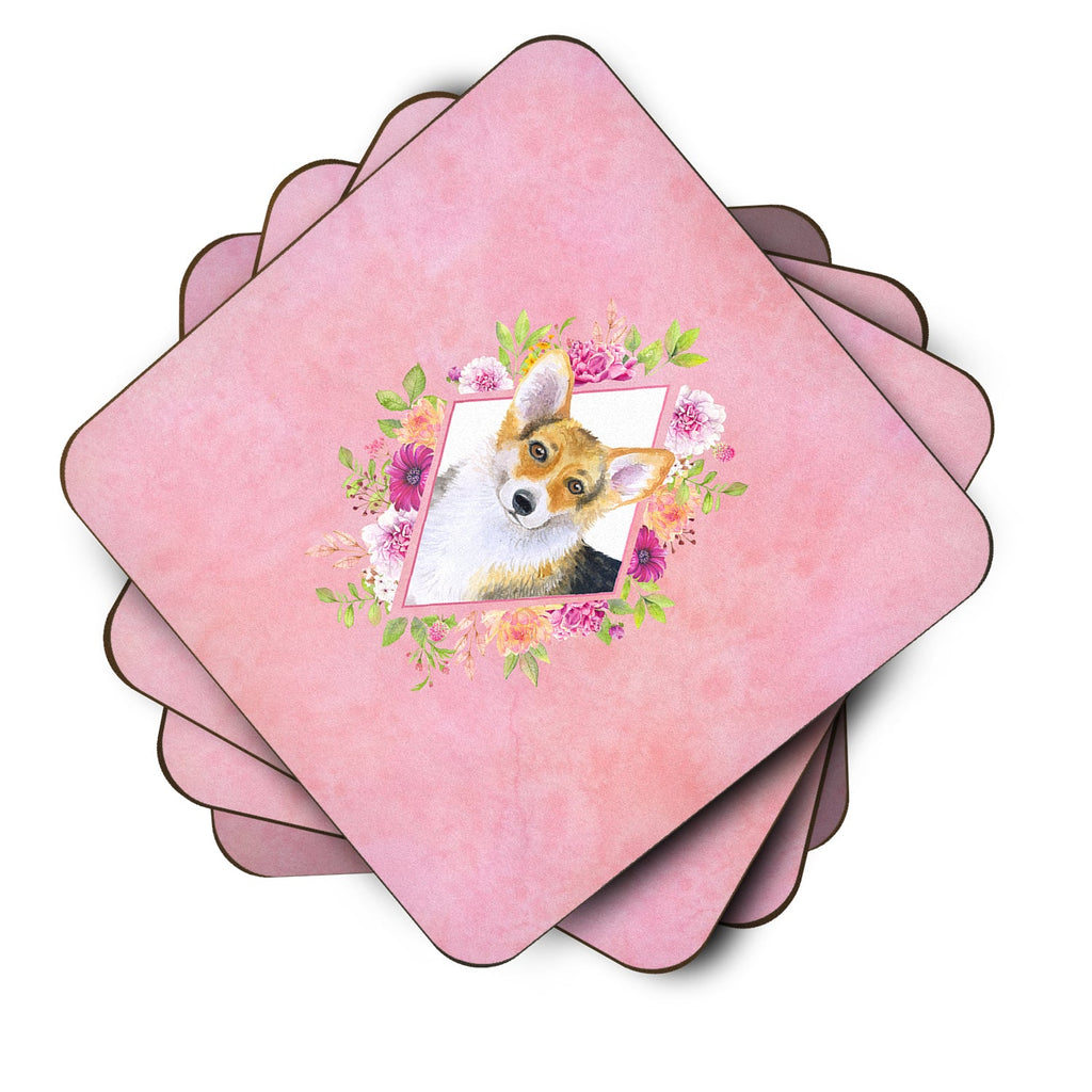 Corgi Pink Flowers Foam Coasters Set of 4 Cup Coasters for Indoor Outdoor, Tabletop Protection, Anti Slip, Mouse pad Material