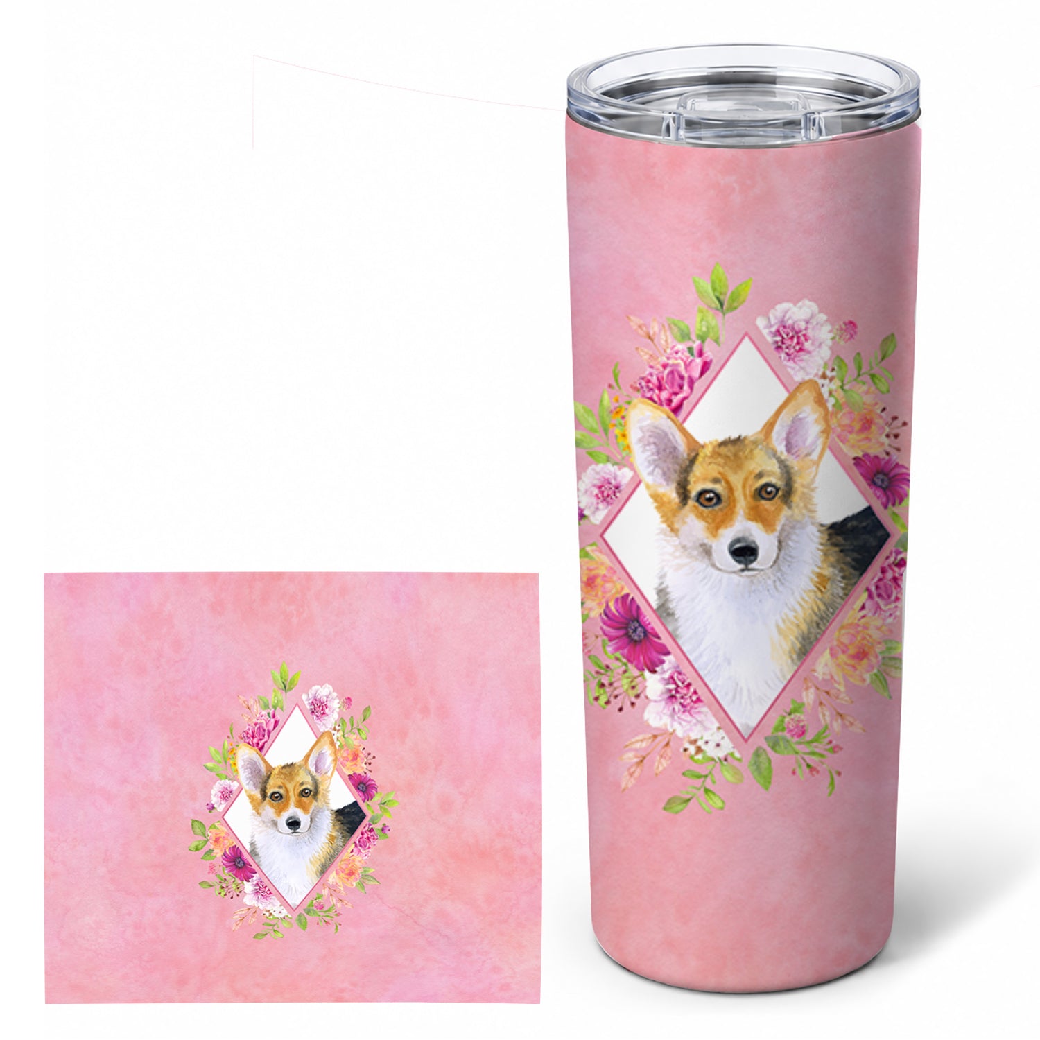 Corgi Pink Flowers Stainless Steel Skinny Tumbler 20 oz Vacuum Double Walled Reusable Insulated Travel Cup