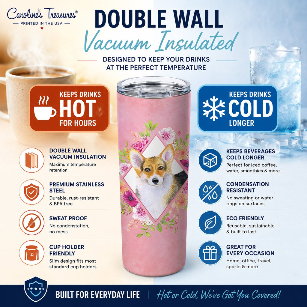 Corgi Pink Flowers Stainless Steel Skinny Tumbler 20 oz Vacuum Double Walled Reusable Insulated Travel Cup
