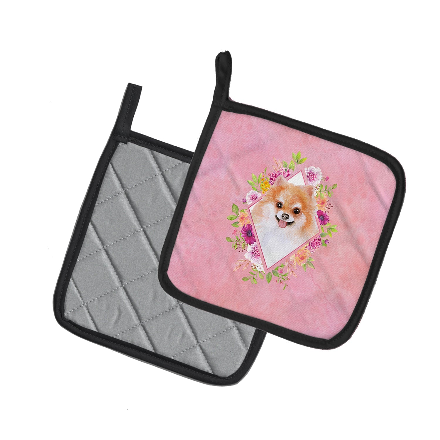 Pomeranian #1 Pink Flowers Pot Holder Set of 2 Heat Resistant Quilted Hot Pads 7.5 x 7.5 Inch, Insulated Kitchen Trivets for Cooking & Baking