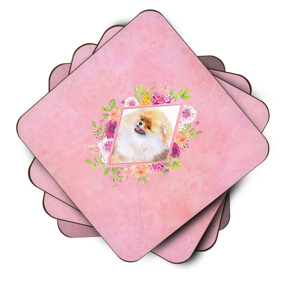 Pomeranian #2 Pink Flowers Foam Coasters Set of 4 Cup Coasters for Indoor Outdoor, Tabletop Protection, Anti Slip, Mouse pad Material