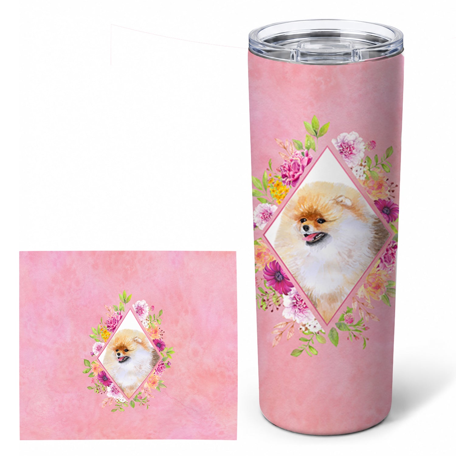 Pomeranian #2 Pink Flowers Stainless Steel Skinny Tumbler 20 oz Vacuum Double Walled Reusable Insulated Travel Cup