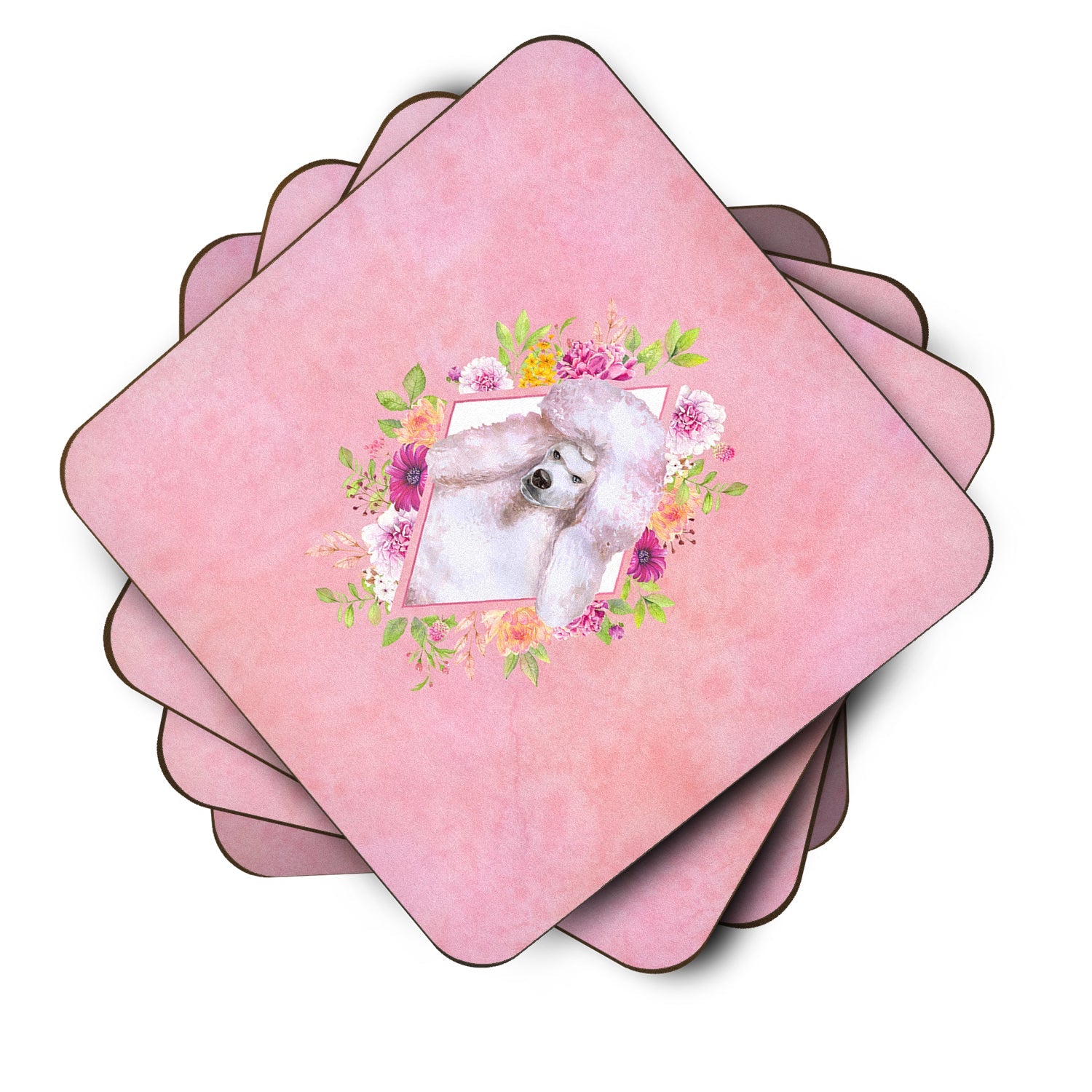 Standard White Poodle Pink Flowers Foam Coasters Set of 4 Cup Coasters for Indoor Outdoor, Tabletop Protection, Anti Slip, Mouse pad Material