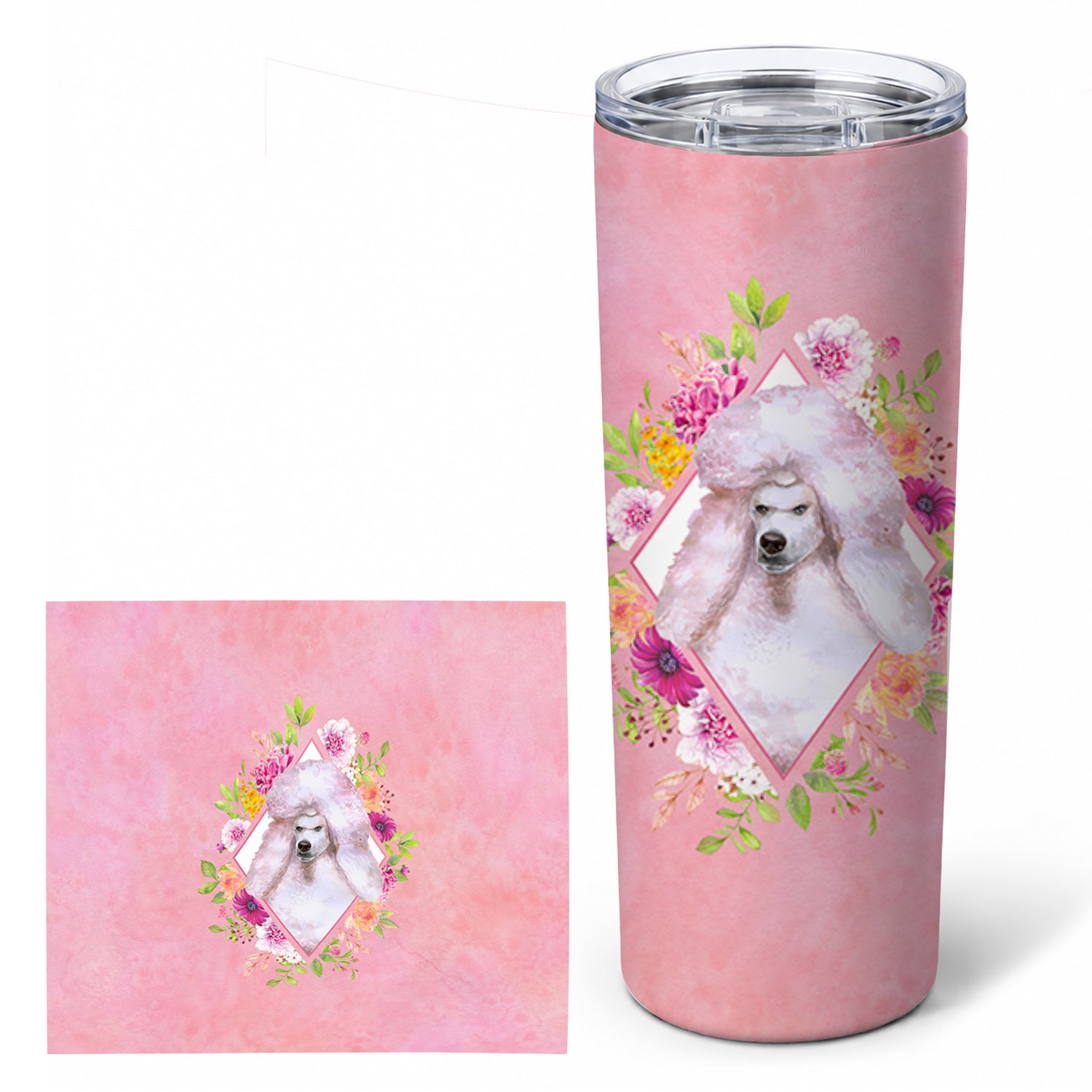 Standard White Poodle Pink Flowers Stainless Steel Skinny Tumbler 20 oz Vacuum Double Walled Reusable Insulated Travel Cup