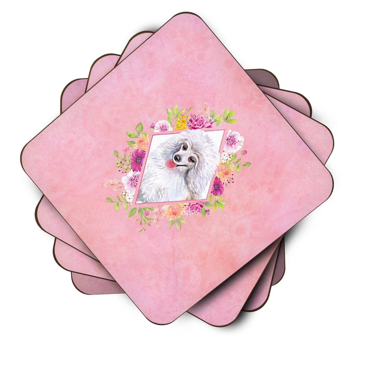White Mini Poodle Pink Flowers Foam Coasters Set of 4 Cup Coasters for Indoor Outdoor, Tabletop Protection, Anti Slip, Mouse pad Material