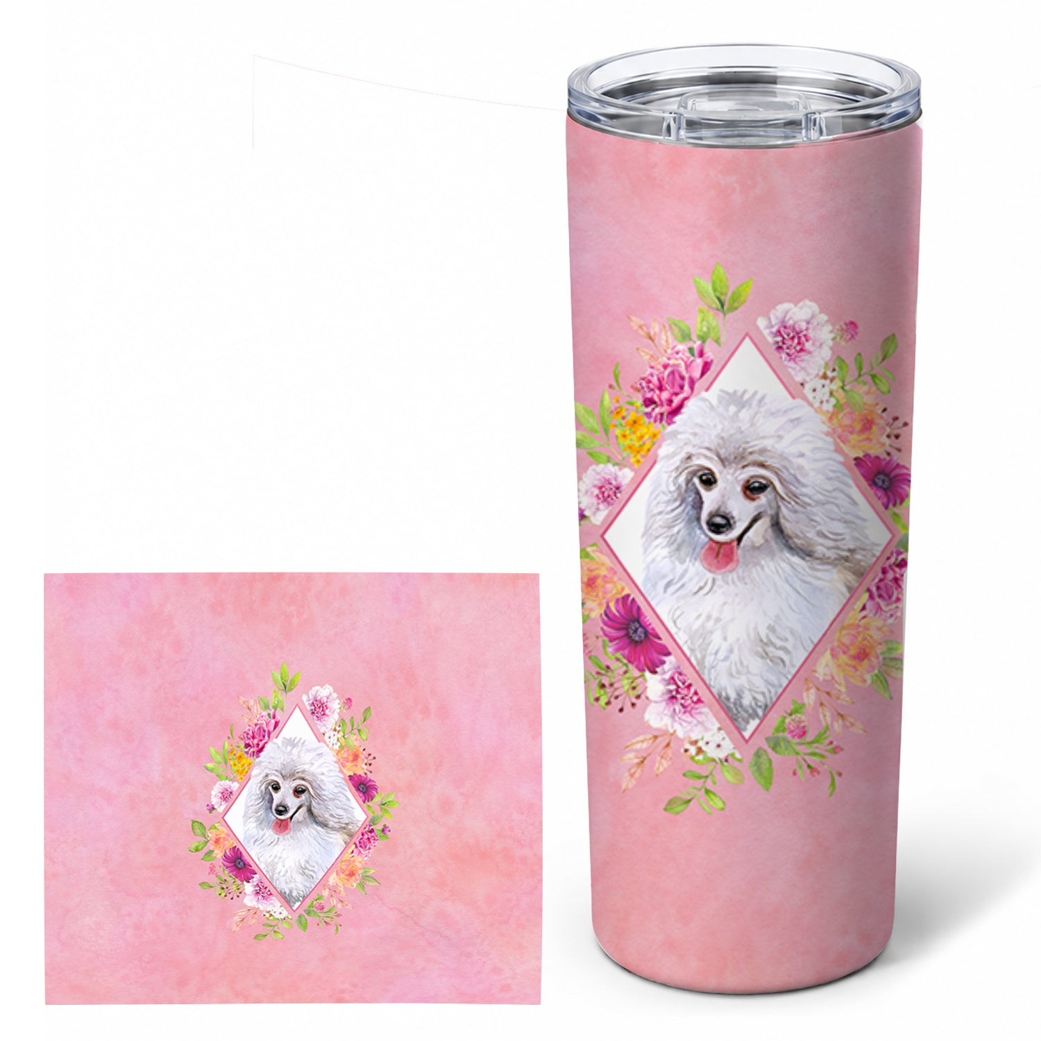 White Mini Poodle Pink Flowers Stainless Steel Skinny Tumbler 20 oz Vacuum Double Walled Reusable Insulated Travel Cup